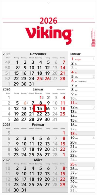 Wandkalender "Konzept Vier" 4 Monate pro Seite 2026 Weiß