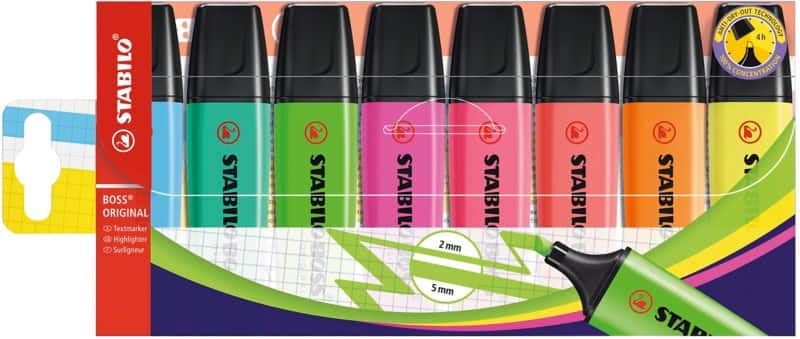 STABILO BOSS ORIGINAL Textmarker Farbig sortiert  Mittel Keilspitze 2 - 5 mm Nachfüllbar 8 Stück