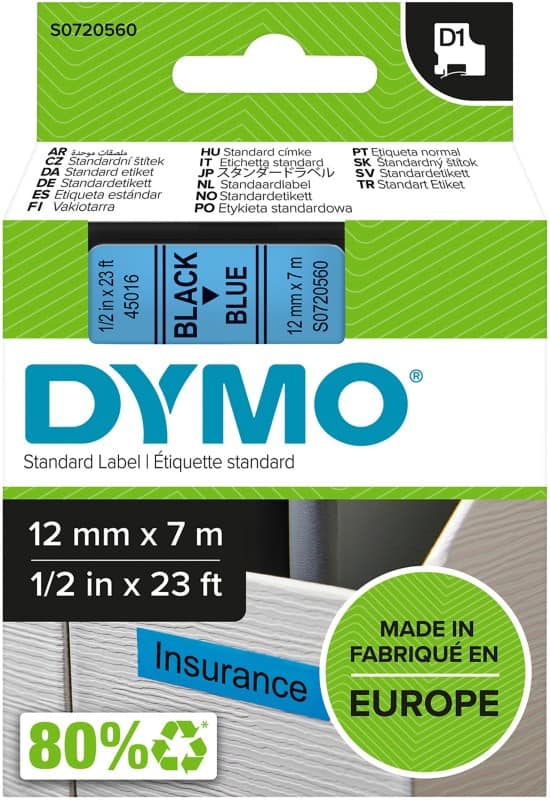 DYMO D1 Beschriftungsband Authentisch 45016 S0720560 Selbsthaftend Schwarz auf Blau 12 mm x 7 m