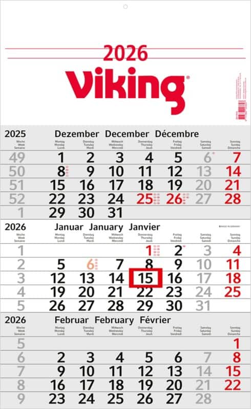 Viking Kalender 2026 3 Monate / 1 Seite Deutsch, Englisch, Französisch 30 (B) x 49 (H) cm Hellgrau