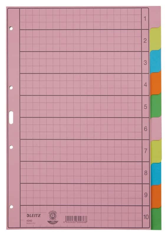 Leitz Blanko Register Recycled DIN A4 Farbig sortiert Mehrfarbig 10-teilig Pappkarton 4 Löcher 4340