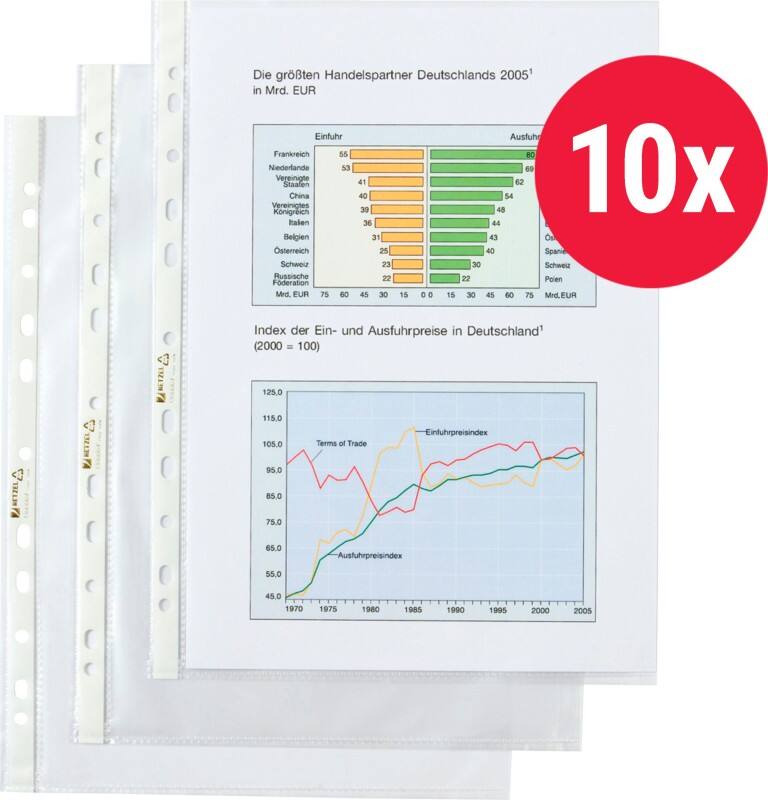 Hetzel Top Quality Prospekthüllen  DIN A4 Glasklar Transparent 110 Mikron PP (Polypropylen) Öffnung oben 11 Löcher 10 Stück