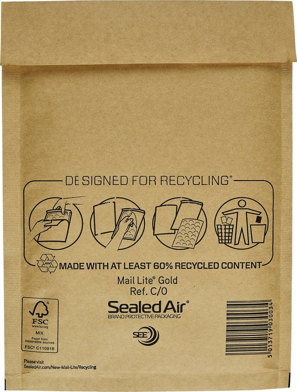 Mail Lite Luftpolster-Versandtaschen C/0 150 (B) x 210 (H) mm Abziehstreifen Goldgelb 10 Stück