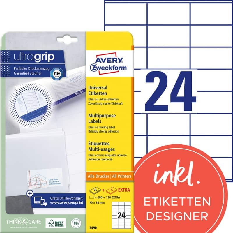 AVERY Zweckform ultragrip Laser Universaletiketten 3490 Selbsthaftend DIN A4 Weiß 70 x 36 mm 30 Blatt à 24 Etiketten