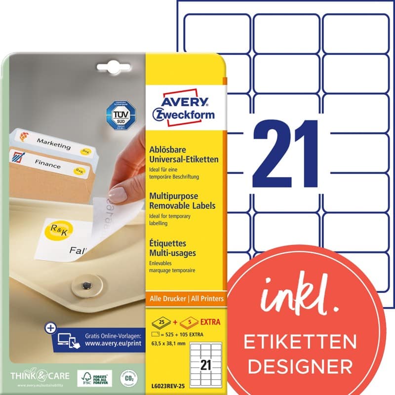 AVERY Zweckform L6023REV-25 Ablösbare Universaletiketten DIN A4 Weiß 63,5 x 38,1 mm 30 Blatt à 21 Etiketten