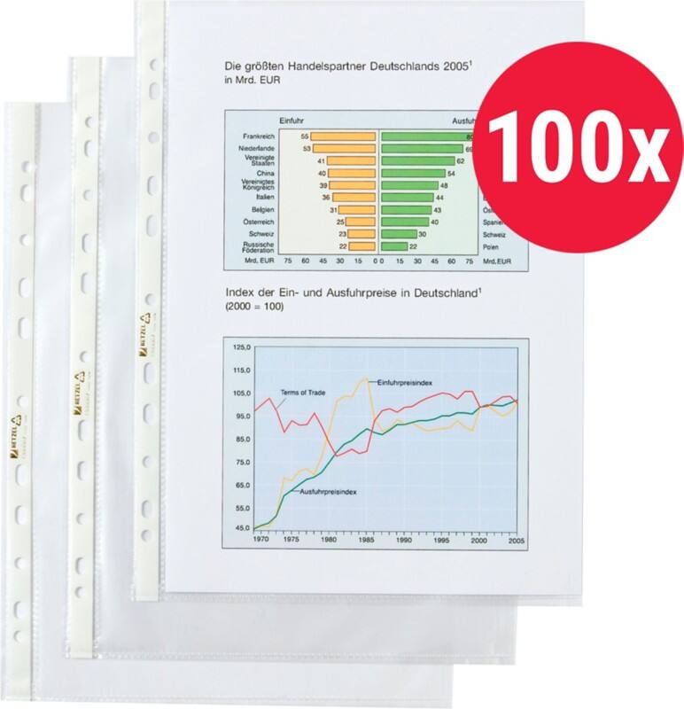 Hetzel Prospekthüllen  DIN A4 Genarbt Transparent 35 Mikron PP (Polypropylen) Öffnung oben 11 Löcher 224584 100 Stück