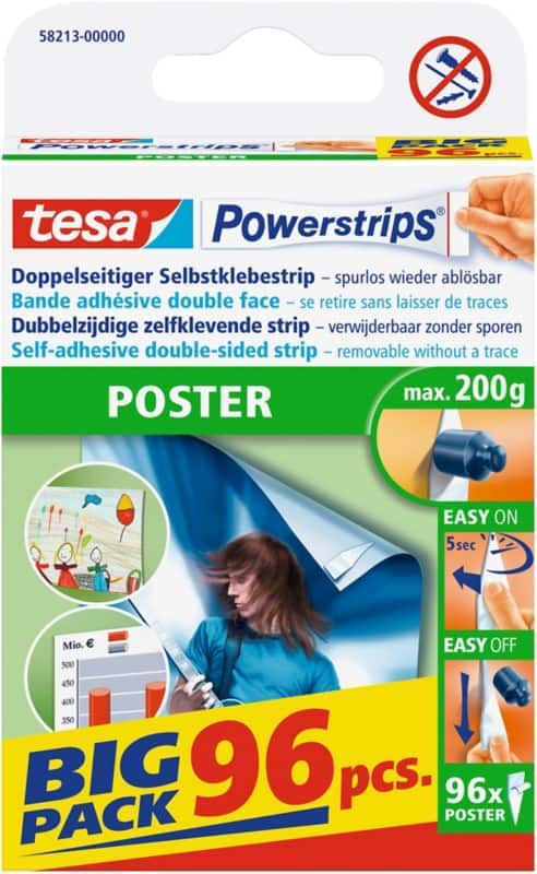tesa Poster Strips Powerstrips Poster Transparent 20 mm (B) x 0,045 m (L) Gummi 96 Stück