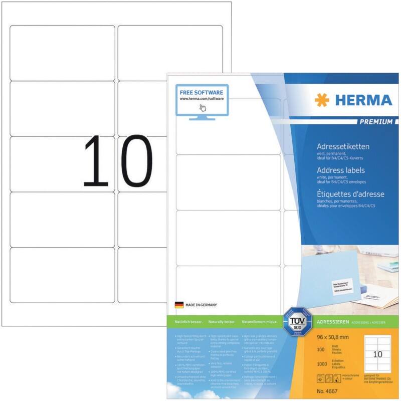 HERMA Adressetiketten 4667 Weiß DIN A4 96 x 50,8 mm 100 Blatt à 10 Etiketten
