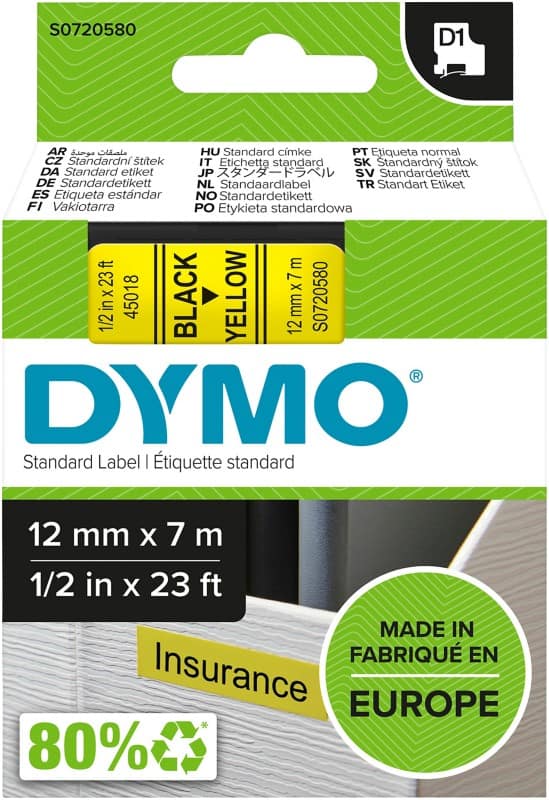 Dymo D1 S0720580 / 45018 Authentic Schriftband Selbstklebend Schwarzer Druck auf Gelb 12 mm x 7m