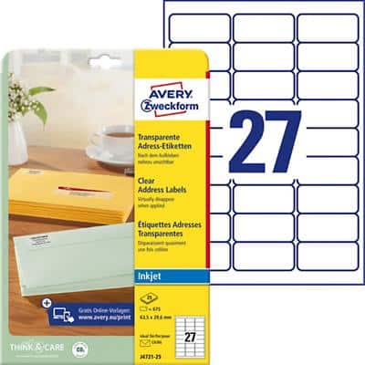 AVERY Zweckform Abziehhilfe QuickPEEL Adressetiketten J4721-25 Selbsthaftend DIN A4 Transparent 63,5 x 29,6 mm 25 Blatt à 27 Etiketten