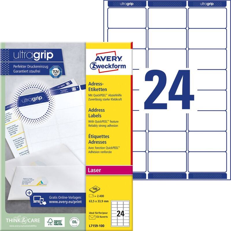 AVERY Zweckform Abziehhilfe QuickPEEL,ultragrip Adressetiketten L7159-100 Selbsthaftend DIN A4 Weiß 63,5 x 33,9 mm 100 Blatt à 24 Etiketten