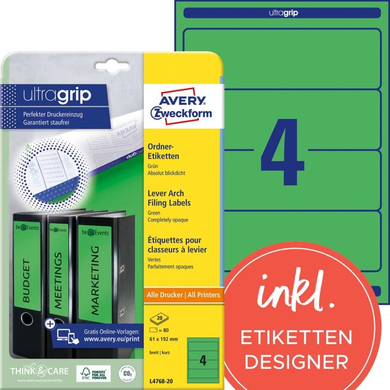 AVERY Zweckform ultragrip Ordneretiketten L4768-20 Selbsthaftend DIN A4 Grün 6,1 x 19,2 cm 20 Blatt à 4 Etiketten