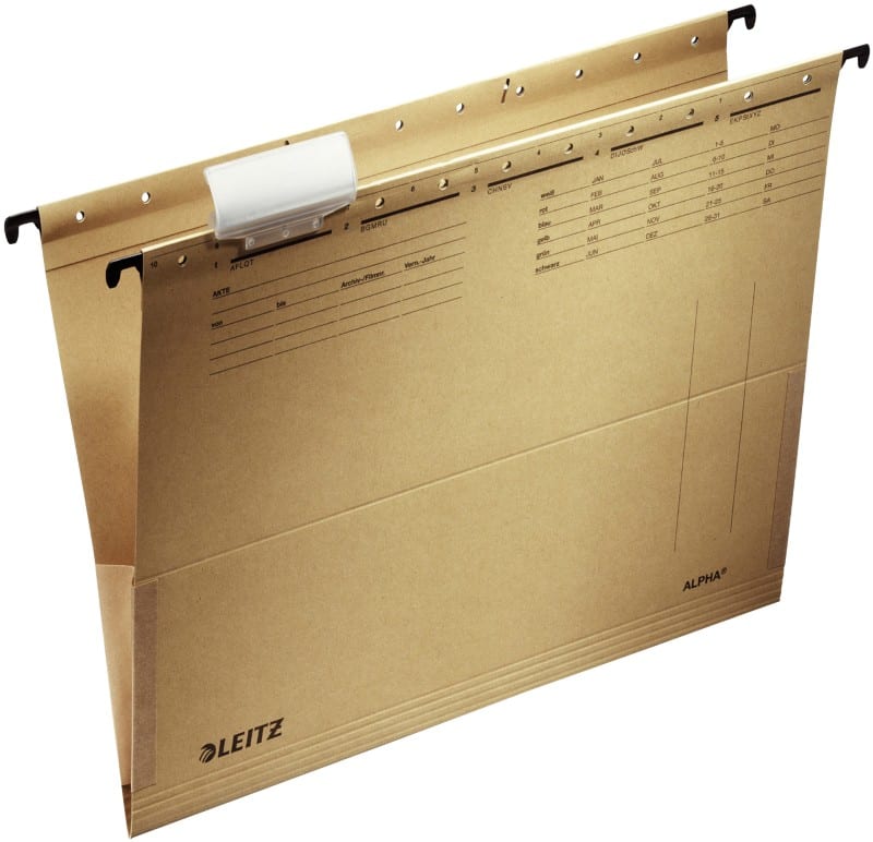 Leitz ALPHA Hängetaschen 1916 DIN A4 V-Base 15 mm 250 g/m² Naturbraun 100% Recycelter Natron-Karton 25 Stück