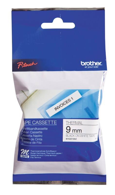 Brother M-K221 Authentic Schriftband Selbstklebend Schwarzer Druck auf Weiß 9 mm x 8m
