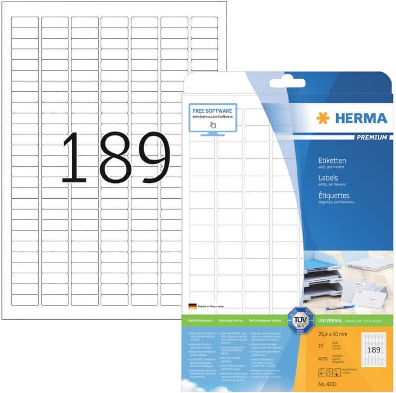 HERMA Universaletiketten 4333 Weiß DIN A4 25,4 x 10 mm 25 Blatt à 189 Etiketten