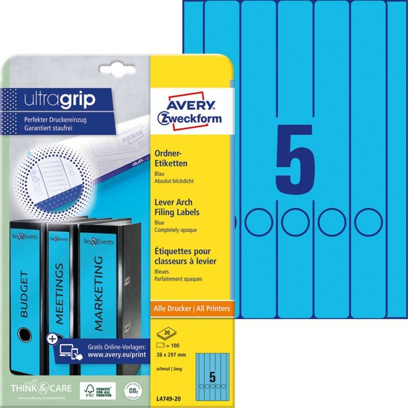 AVERY Zweckform L4749-20 Ordneretiketten DIN A4 Blau 38 x 297 mm 20 Stück à 5 Etiketten
