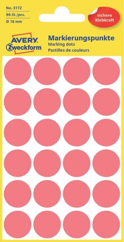 AVERY Zweckform Markierungspunkte 3172 Selbsthaftend Spezial Leuchtrot 18 x 18 mm 4 Blatt à 24 Etiketten