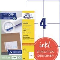 AVERY Zweckform ultragrip Universaletiketten 3483 Selbsthaftend DIN A4 Weiß 105 x 148 mm 100 Blatt à 4 Etiketten