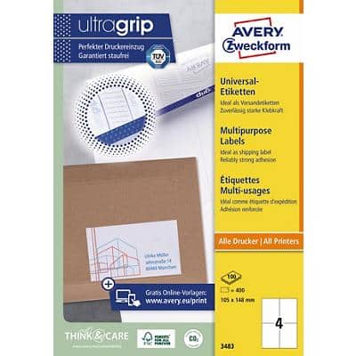 AVERY Zweckform UltraGrip Multifunktionsetiketten 3483 Ja DIN A4 Weiß 105 x 148 mm 100 Blatt à 4 Etiketten