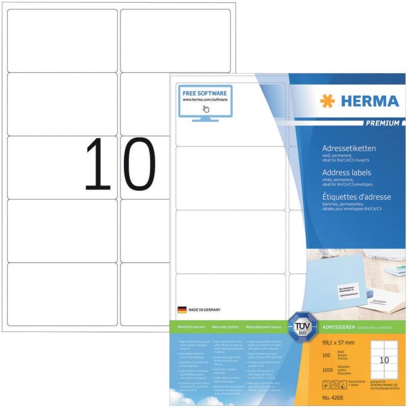 HERMA Premium Adressetiketten 4268 Weiß DIN A4 99,1 x 57 mm 100 Blatt à 10 Etiketten