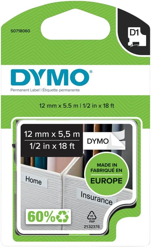 DYMO D1 S0718060 16959 Beschriftungsband Schwarz auf Weiß 12 mm (B) x 5,5 m (L)