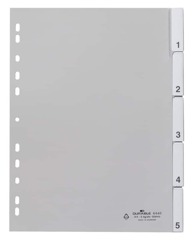 DURABLE 1 bis 5 Zahlenregister DIN A4 Grau 5-teilig PP (Polypropylen) 11 Löcher 6440