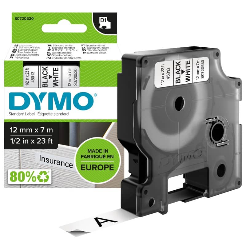 DYMO D1 Beschriftungsband Authentisch 45013 S0720530 Selbsthaftend Schwarz auf Weiß 12 mm x 7 m