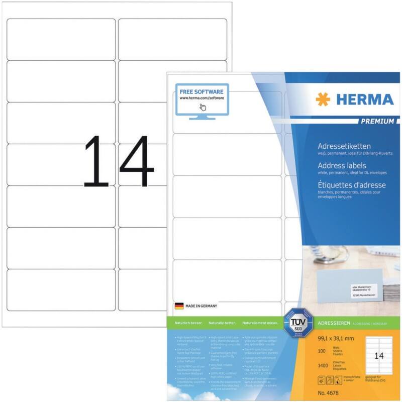 HERMA Adressetiketten 4678 Weiß DIN A4 99,1 x 38,1 mm 100 Blatt à 14 Etiketten