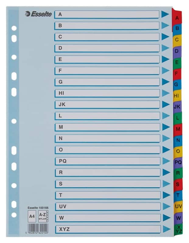 Esselte Mylar A - Z Alphabetische Register DIN A4 Mehrfarbig 20-teilig 160 g/m² Mylar 11 Löcher 100166