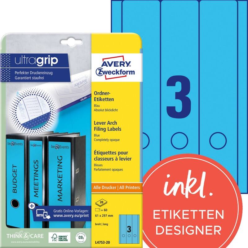 AVERY Zweckform ultragrip Ordneretiketten L4753-20 Selbsthaftend DIN A4 Blau 6,1 x 29,7 cm 20 Blatt à 3 Etiketten