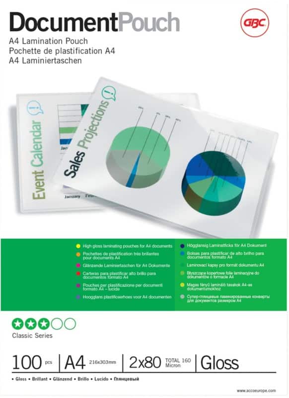 GBC Document Laminierfolien DIN A4 Glänzend 80 Mikron (2 x 80) Transparent 100 Stück à 100