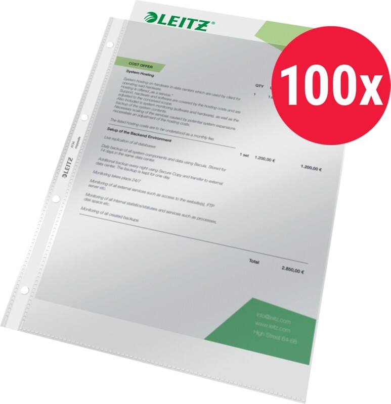 Leitz Premium Prospekthüllen  DIN A4 Glasklar Transparent 80 Mikron PVC (Polyvinylchlorid) Öffnung oben 4 Löcher 100 Stück