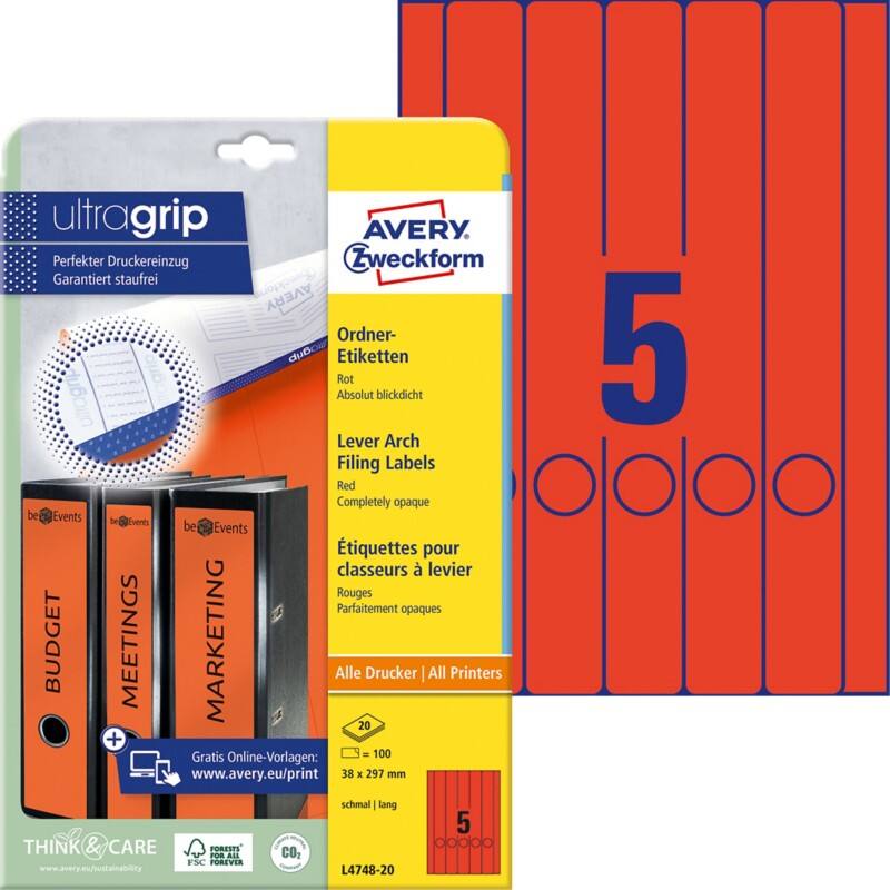 AVERY Zweckform L4748-20 Ordneretiketten DIN A4 Rot 38 x 297 mm 20 Stück à 5 Etiketten
