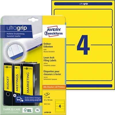 AVERY Zweckform Ordneretiketten L4769-20 Ultragrip Gelb DIN A4 61 mm 20 Blatt à 4 Etiketten