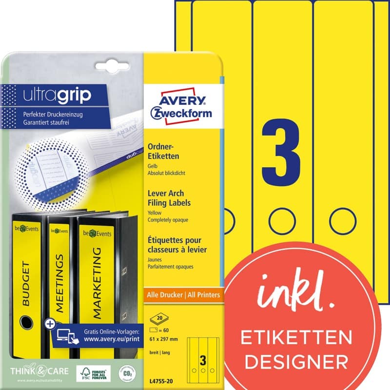 AVERY Zweckform ultragrip Ordneretiketten L4755-20 Selbsthaftend DIN A4 Gelb 6,1 x 29,7 cm 20 Blatt à 3 Etiketten