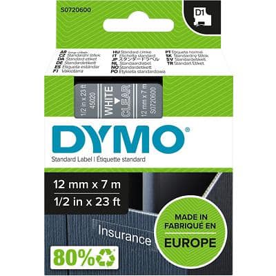 Dymo D1 S0720600 / 45020 Authentic Schriftband Selbstklebend Weißer Druck auf Transparent 12 mm x 7m