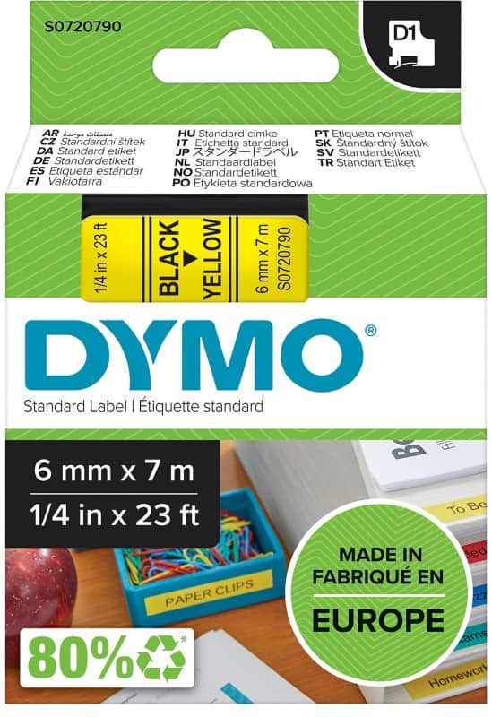 Dymo D1 S0720790 / 43618 Authentic Schriftband Selbstklebend Schwarzer Druck auf Gelb 6 mm x 7m