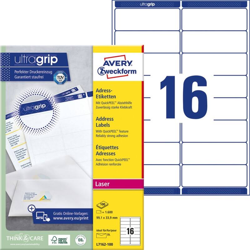 AVERY Zweckform Abziehhilfe QuickPEEL, ultragrip Adressetiketten L7162-100 Selbsthaftend DIN A4 Weiß 99,1 x 33,9 mm 100 Blatt à 16 Etiketten