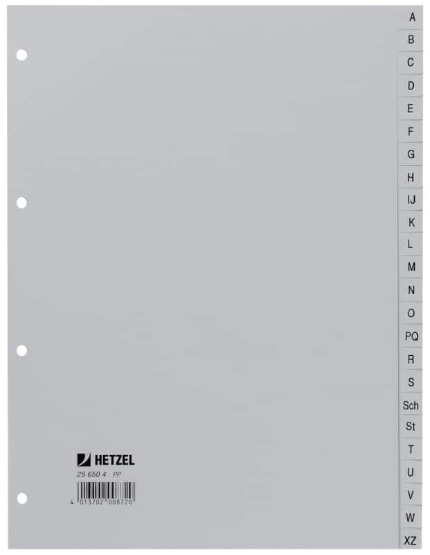 Hetzel A - Z Alphabetische Register DIN A4 Grau 24-teilig PP (Polypropylen) 4 Löcher 256504