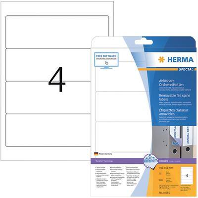 HERMA 10165 Ordneretiketten Wiederablösbar DIN A4 61 x 192 mm Weiß 25 Blatt à 4 Etiketten
