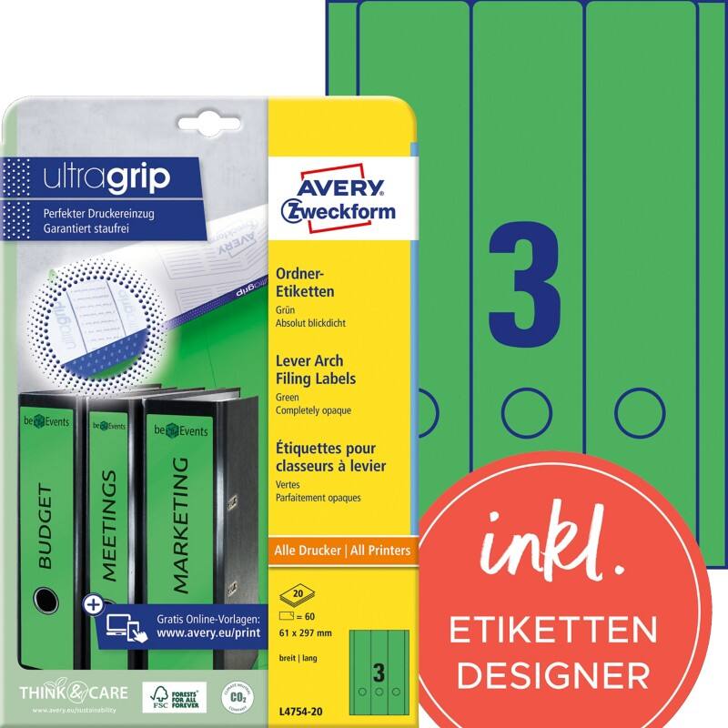 AVERY Zweckform ultragrip Ordneretiketten L4754-20 Selbsthaftend DIN A4 Grün 6,1 x 29,7 cm 20 Blatt à 3 Etiketten