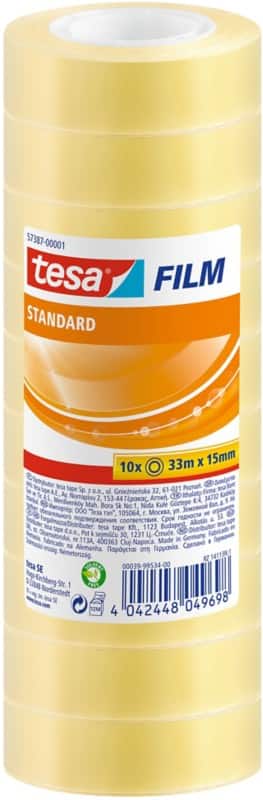 tesa Klebeband tesafilm Standard 57387 Transparent 15 mm (B) x 33 m (L) Kleiner Kern PP (Polypropylen) Niedrige Lautstärke  10 Rollen