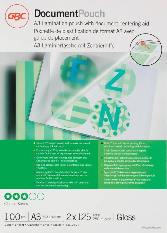 GBC Document Laminierfolien DIN A3 Glänzend 125 Mikron (2 x 125) Transparent 100 Stück