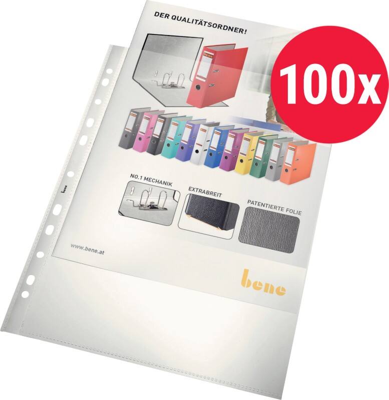 Bene Prospekthüllen DIN A4 Glasklar Glasklar 60 Mikron PP (Polypropylen) Öffnung oben 11 Löcher 100 Stück