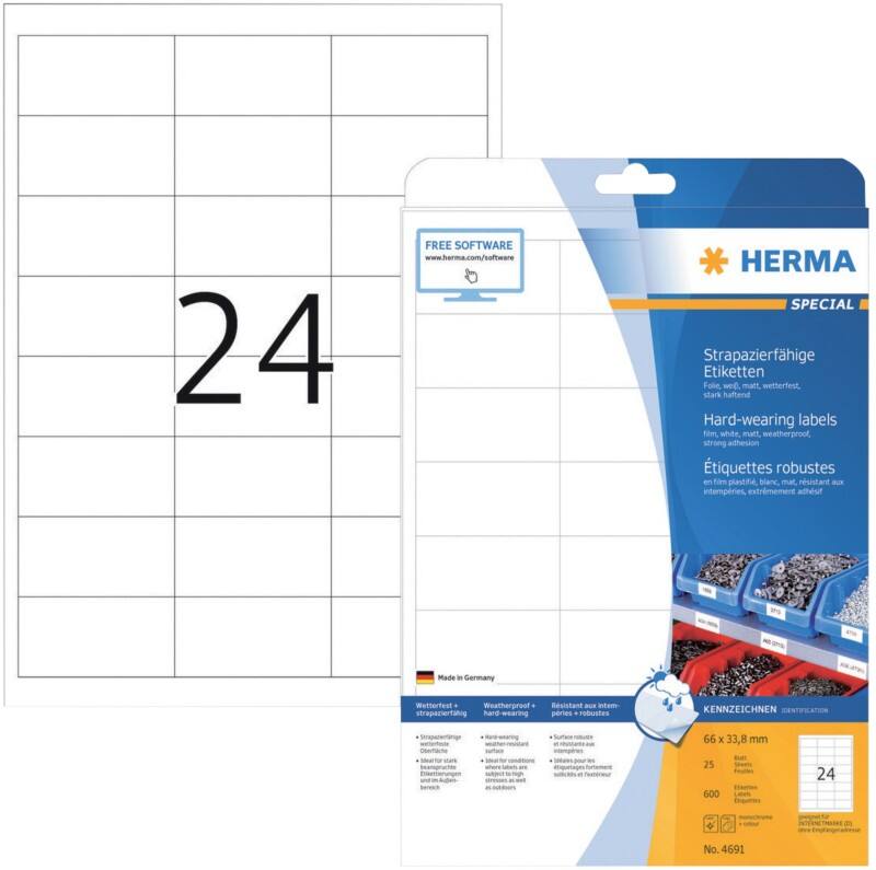 HERMA Wetterfeste Etiketten 4691 Rechteckig DIN A4 66 x 33,8 mm 25 Blatt à 24 Etiketten