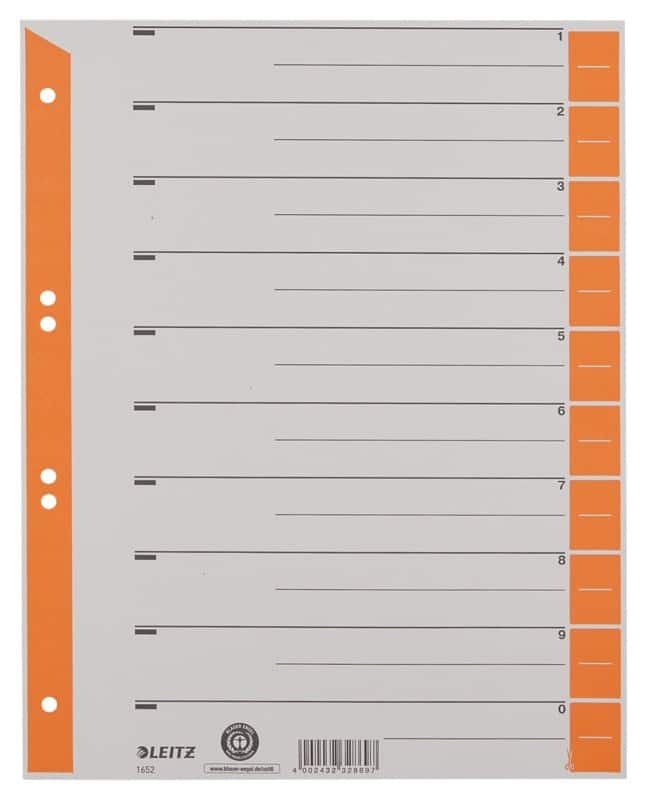 Leitz 1 bis 10 Trennblätter DIN A4 Überbreite Orange 10-teilig Pappkarton 6 Löcher 1652 100 Stück