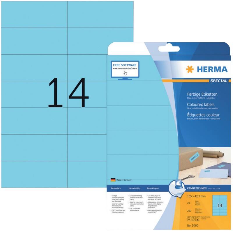 HERMA 5060 Multifunktionsetiketten SuperPrint DIN A4 Blau 105 x 42,3 mm Rechteckig 280 Etiketten pro Packung