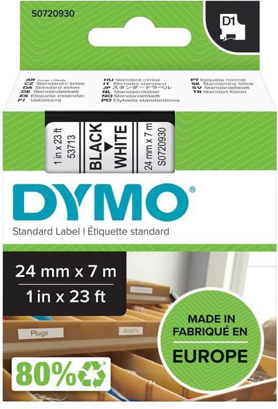 Dymo D1 S0720930 / 53713 Authentic Schriftband Selbstklebend Schwarzer Druck auf Weiß 24 mm x 7m