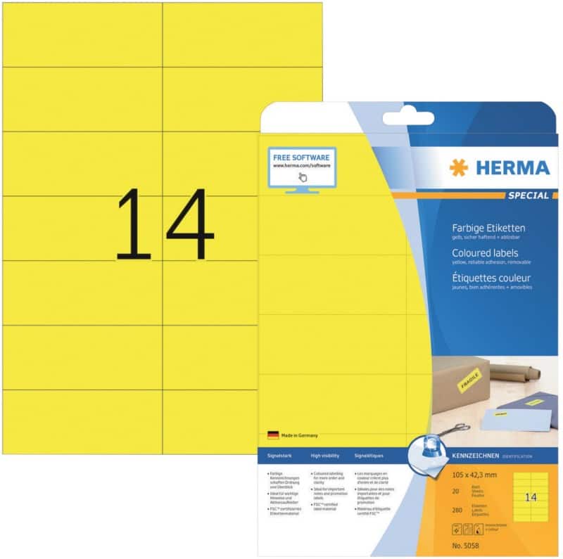 HERMA Multifunktionsetiketten SuperPrint DIN A4 Gelb Rechteckig 105 x 42,3 mm Rechteckig 280 Etiketten pro Packung