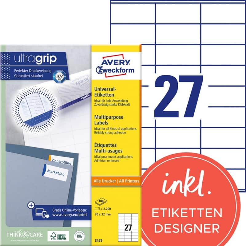 AVERY Zweckform ultragrip Laser Universaletiketten 3479 Selbsthaftend DIN A4 Weiß 70 x 32 mm 100 Blatt à 27 Etiketten